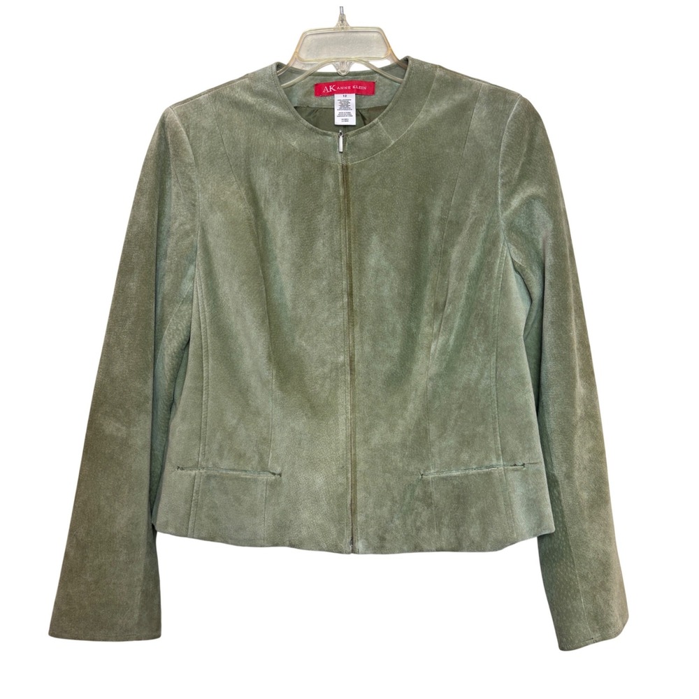 Anne Klein Suede Jacket Womens 12 Sage Green‎ Collarless Zip Front Leather Moto